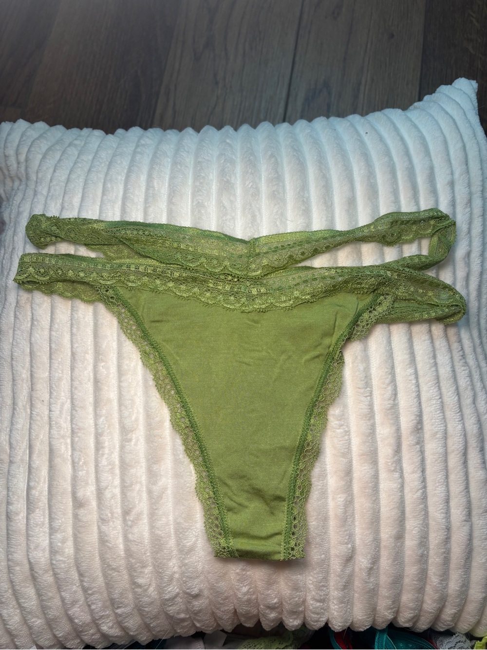 Victoria's Secret Olive Green Lace-Trim Thong
